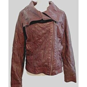 Guess Women's Jacket SZ LG Oxblood Faux Leather Motorcycle Style Vintage Coat